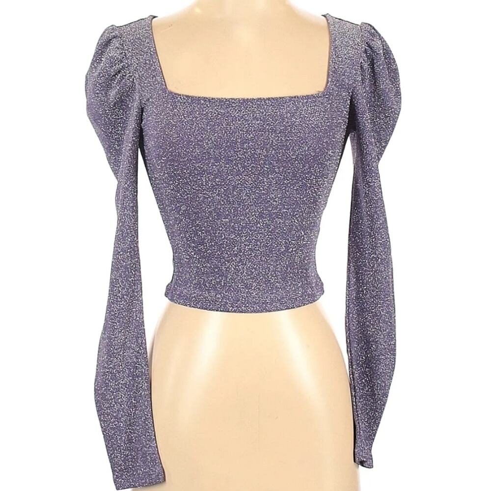 H&M Divided Purple Sparkly Metallic Square Neck Long Puff Sleeve Top L